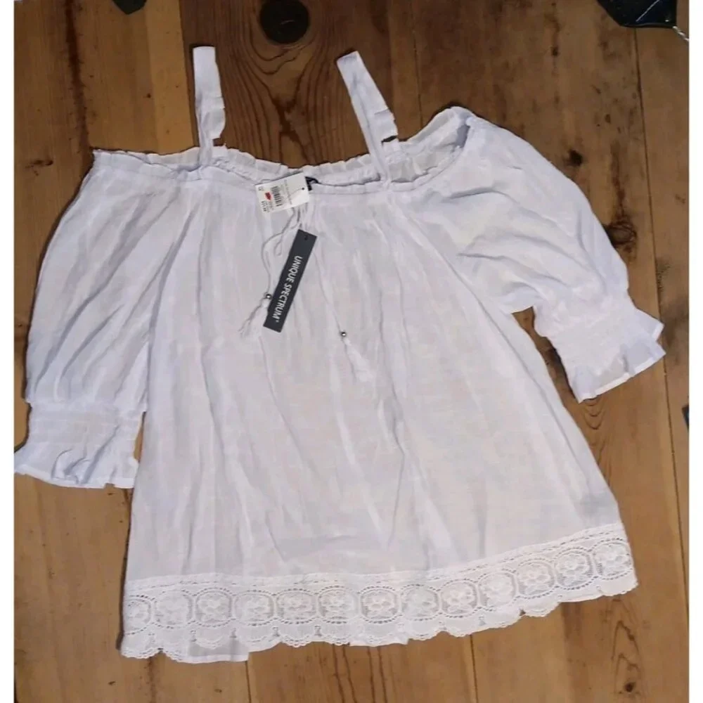 Unique Spectrum Womens Plus 3X Top Off Shoulder Smocked Sheer Peasant Lace NWT - Picture 1 of 10